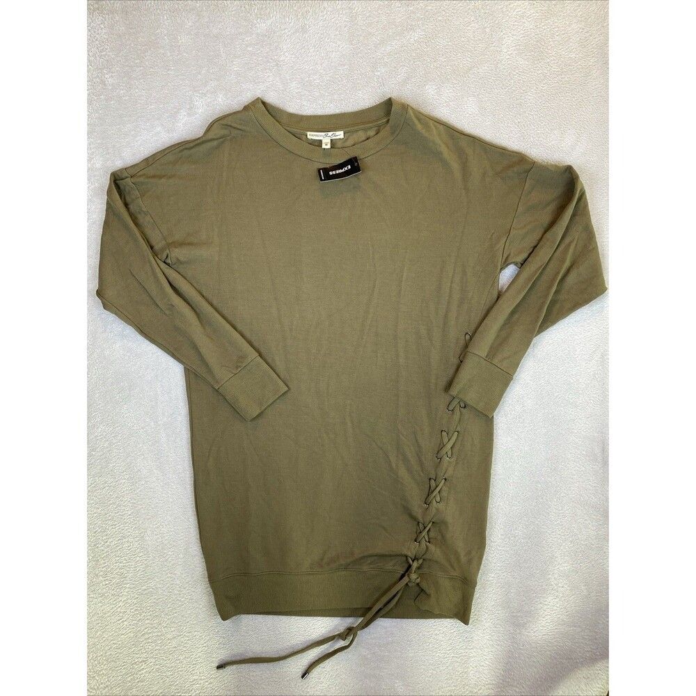 NEW Express One Eleven Sweatshirt Dress Women's XS Drab Green Lace up side Drop